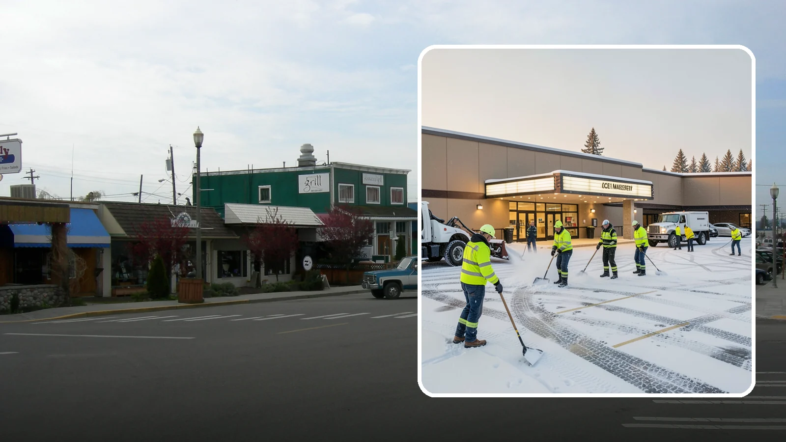 Movie Theater Snow Removal in Stanwood, Snohomish County, WA - A snowy Friday night should not empty your auditoriums, so we keep the lot, box-office walk, and entrance dry and safe for...