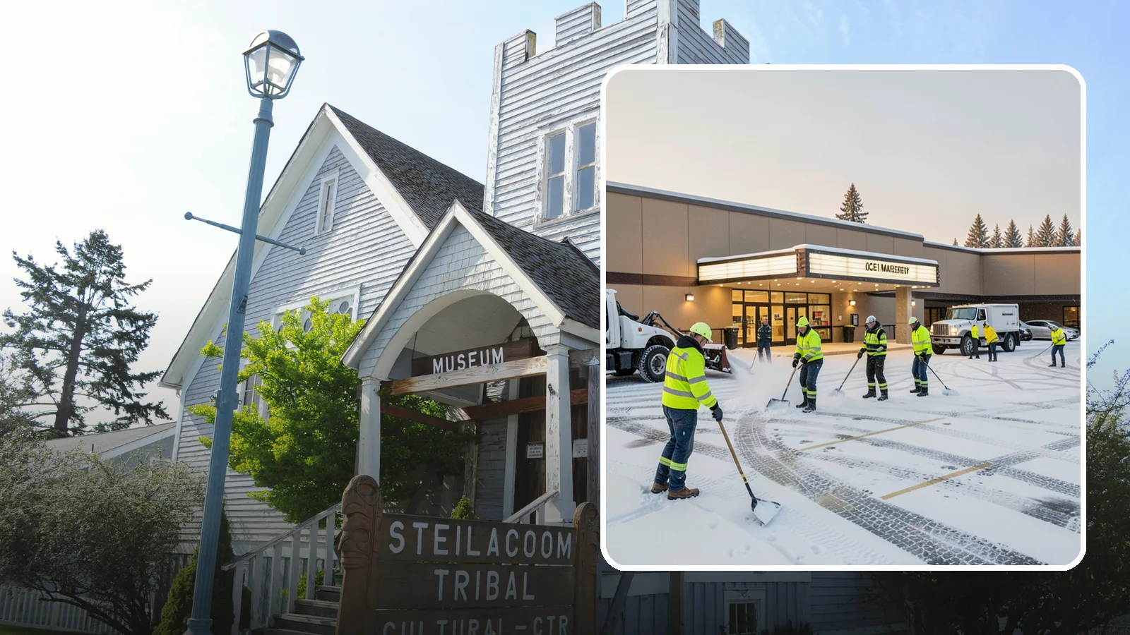Movie Theater Snow Removal in Steilacoom, Pierce County, WA - A snowy Friday night should not empty your auditoriums, so we keep the lot, box-office walk, and entrance dry and safe for...