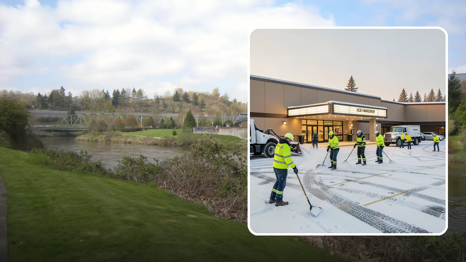 Movie Theater Snow Removal in Tukwila, King County, WA - A snowy Friday night should not empty your auditoriums, so we keep the lot, box-office walk, and entrance dry and safe for...