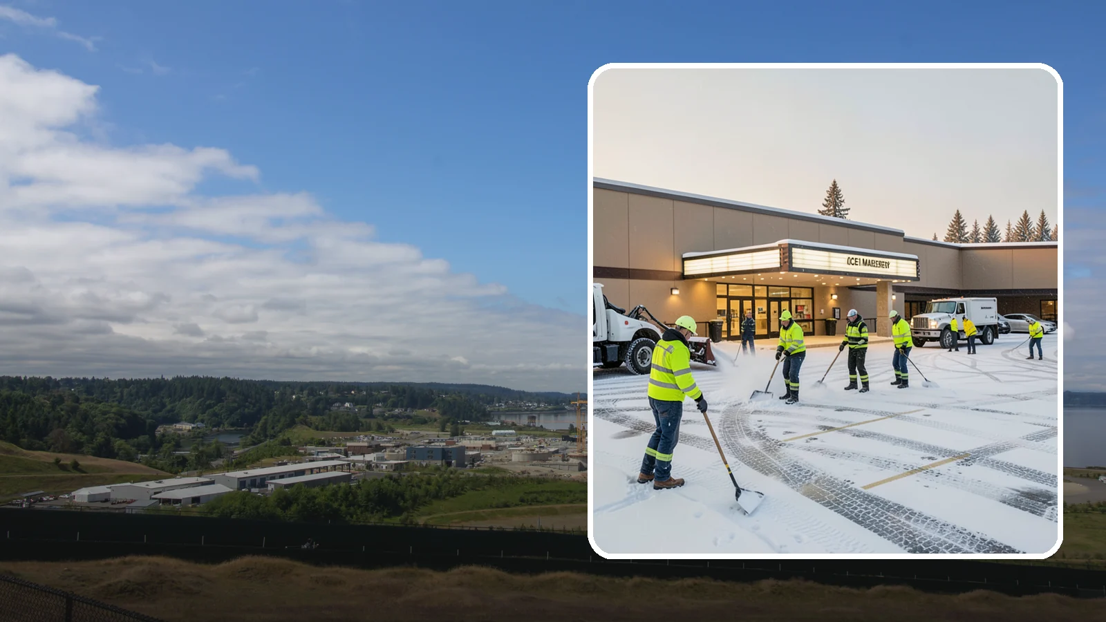 Movie Theater Snow Removal in University Place, Pierce County, WA - A snowy Friday night should not empty your auditoriums, so we keep the lot, box-office walk, and entrance dry and safe for...