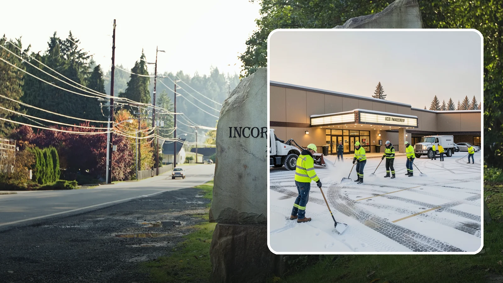 Movie Theater Snow Removal in Wilkeson, Pierce County, WA - A snowy Friday night should not empty your auditoriums, so we keep the lot, box-office walk, and entrance dry and safe for...