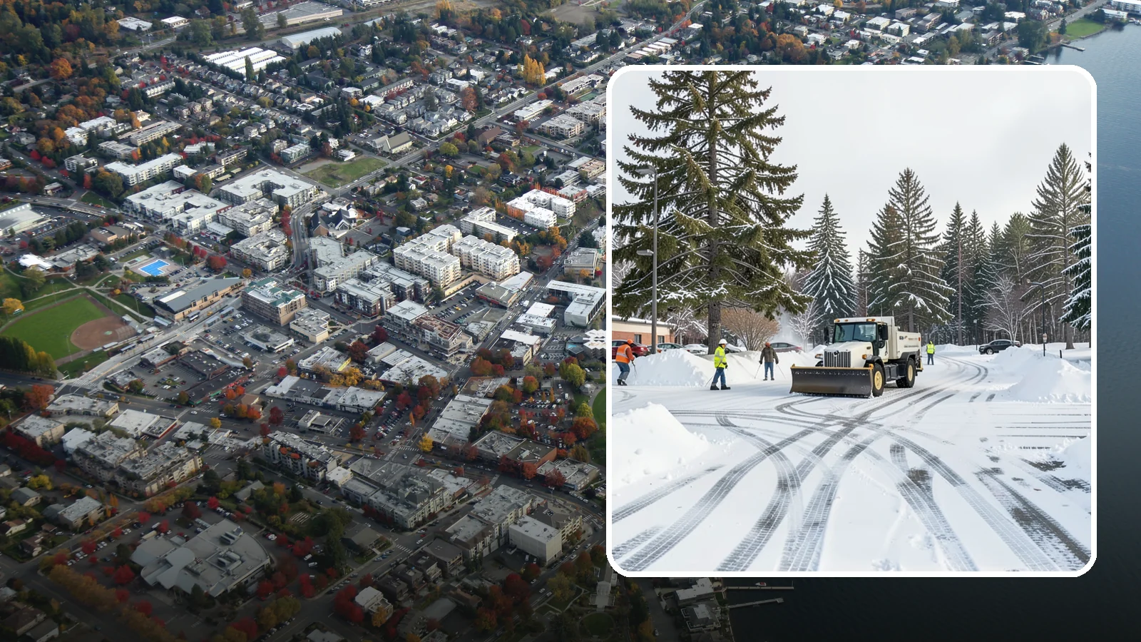 Municipal Parking Lot Snow Removal in Kirkland, King County, WA - We clear municipal building lots so Western Washington residents and staff can reach public services in any winter weather.