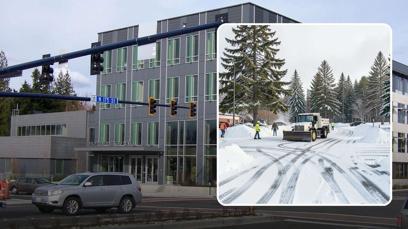 Municipal Parking Lot Snow Removal in Shoreline, King County, WA - We clear municipal building lots so Western Washington residents and staff can reach public services in any winter weather.