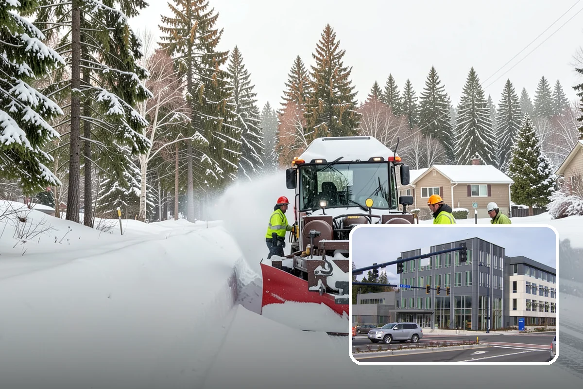 Municipal Parking Lot Snow Removal in Shoreline, King County, WA - Public and staff parking stay open so services continue during storms