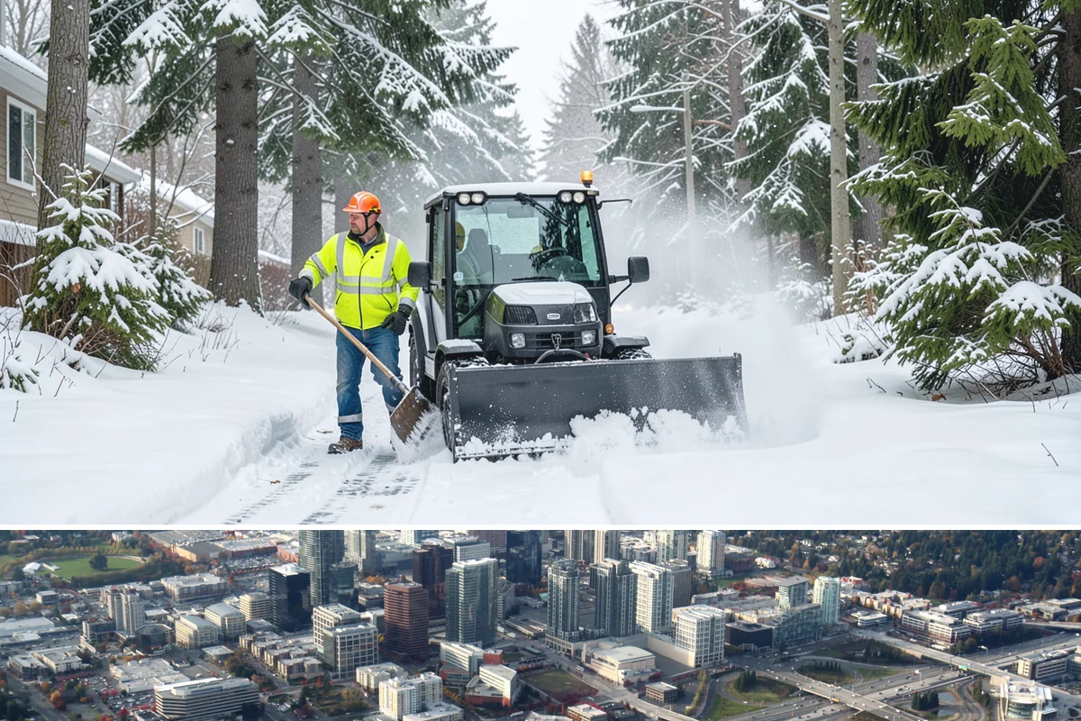 Municipal Sidewalk Clearing in Bellevue, King County, WA - Municipal demand spans late November through February, with shaded downtown blocks and transit stops needing repeated freeze-thaw...