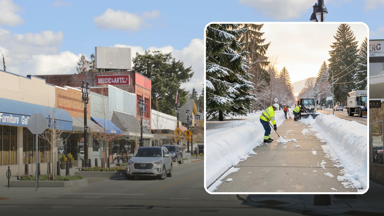 Municipal Sidewalk Clearing in Bothell, King County, WA - Public right-of-way sidewalk clearing for Western Washington municipalities, keeping civic walks, transit approaches, and...