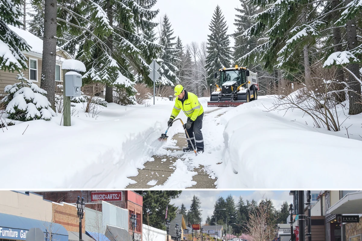 Municipal Sidewalk Clearing in Bothell, King County, WA - Municipal demand spans late November through February, with shaded downtown blocks and transit stops needing repeated freeze-thaw...