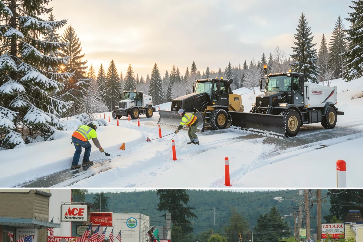 Municipal Sidewalk Clearing in Carnation, King County, WA - Municipal demand spans late November through February, with shaded downtown blocks and transit stops needing repeated freeze-thaw...