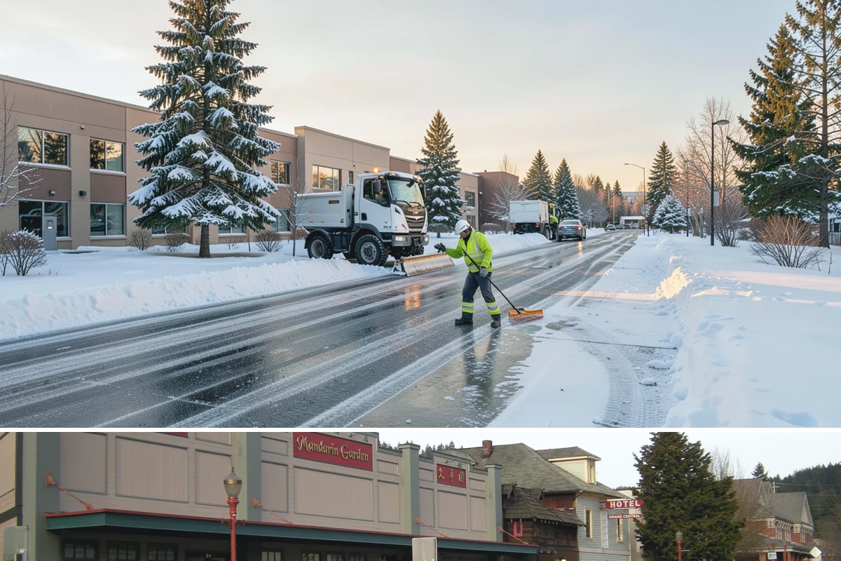 Municipal Sidewalk Clearing in Issaquah, King County, WA - Municipal demand spans late November through February, with shaded downtown blocks and transit stops needing repeated freeze-thaw...