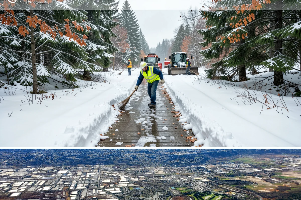 Municipal Sidewalk Clearing in Kent, King County, WA - Municipal demand spans late November through February, with shaded downtown blocks and transit stops needing repeated freeze-thaw...