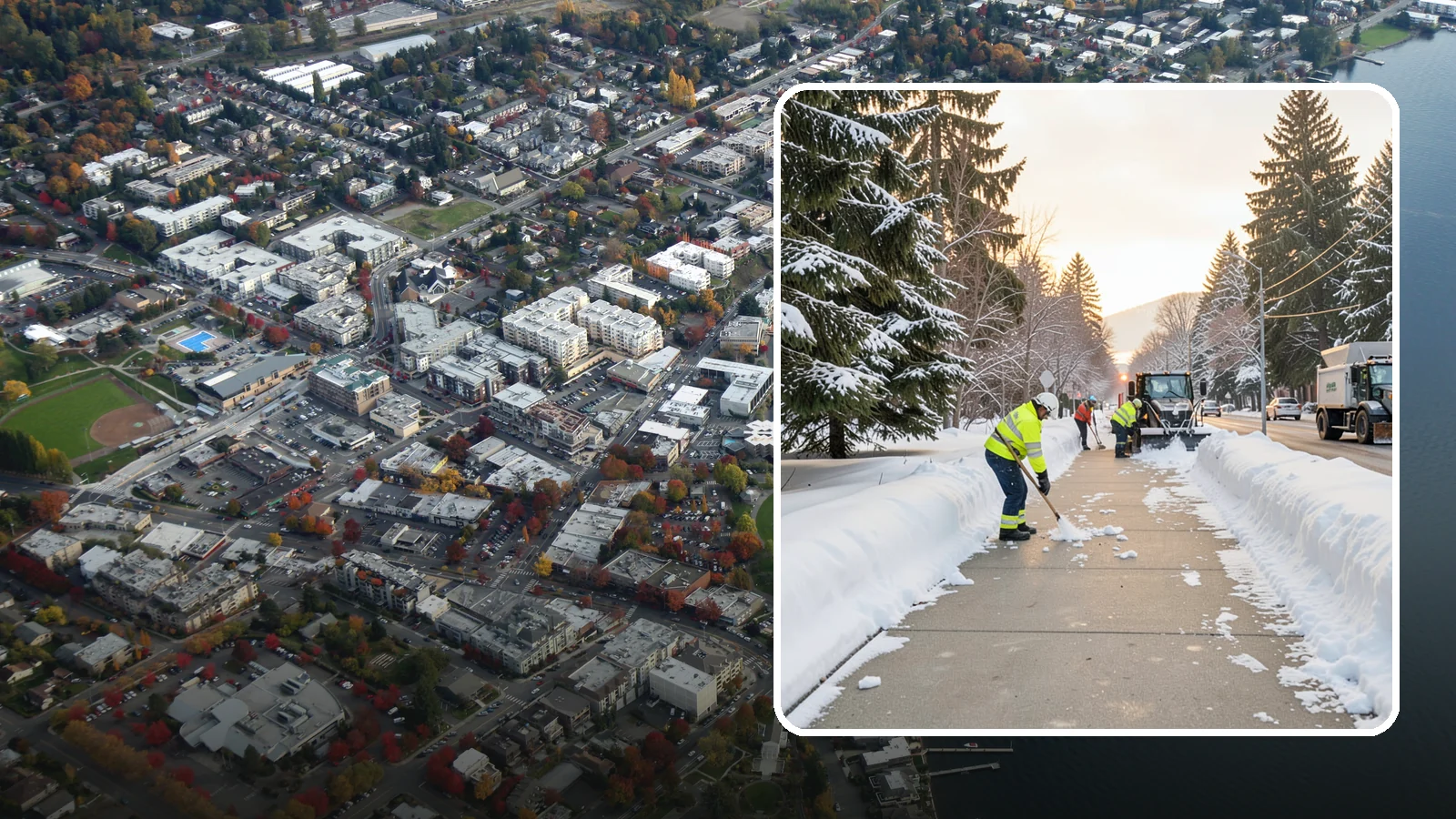 Municipal Sidewalk Clearing in Kirkland, King County, WA - Public right-of-way sidewalk clearing for Western Washington municipalities, keeping civic walks, transit approaches, and...