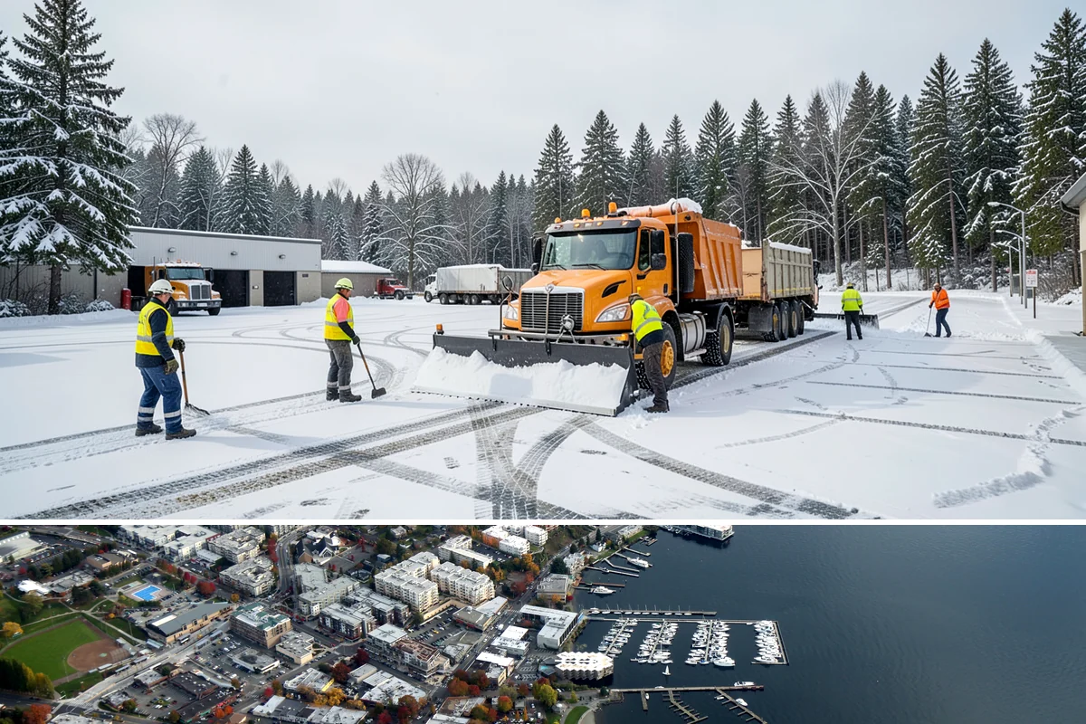 Municipal Sidewalk Clearing in Kirkland, King County, WA - Municipal demand spans late November through February, with shaded downtown blocks and transit stops needing repeated freeze-thaw...