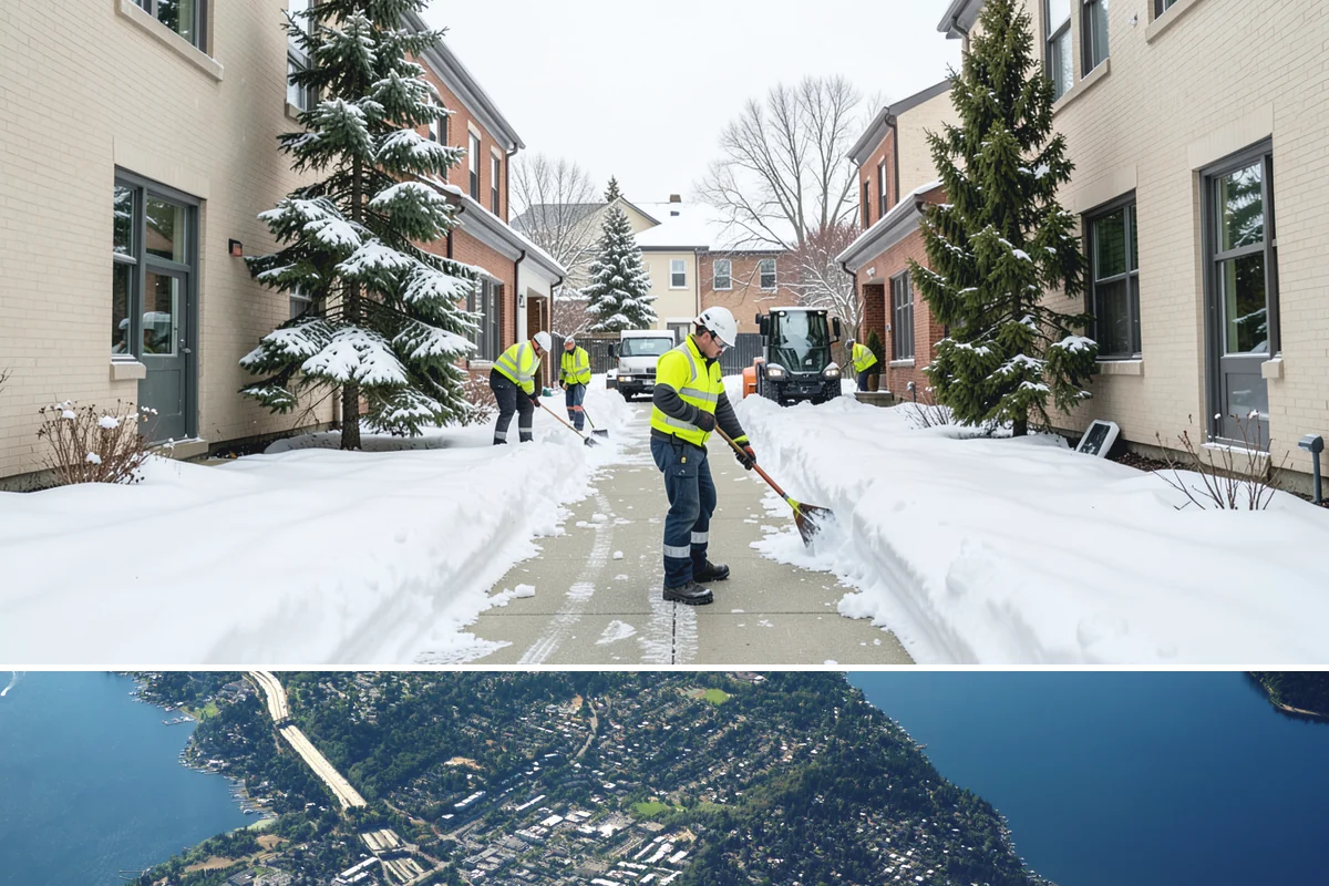 Municipal Sidewalk Clearing in Mercer Island, King County, WA - Municipal demand spans late November through February, with shaded downtown blocks and transit stops needing repeated freeze-thaw...