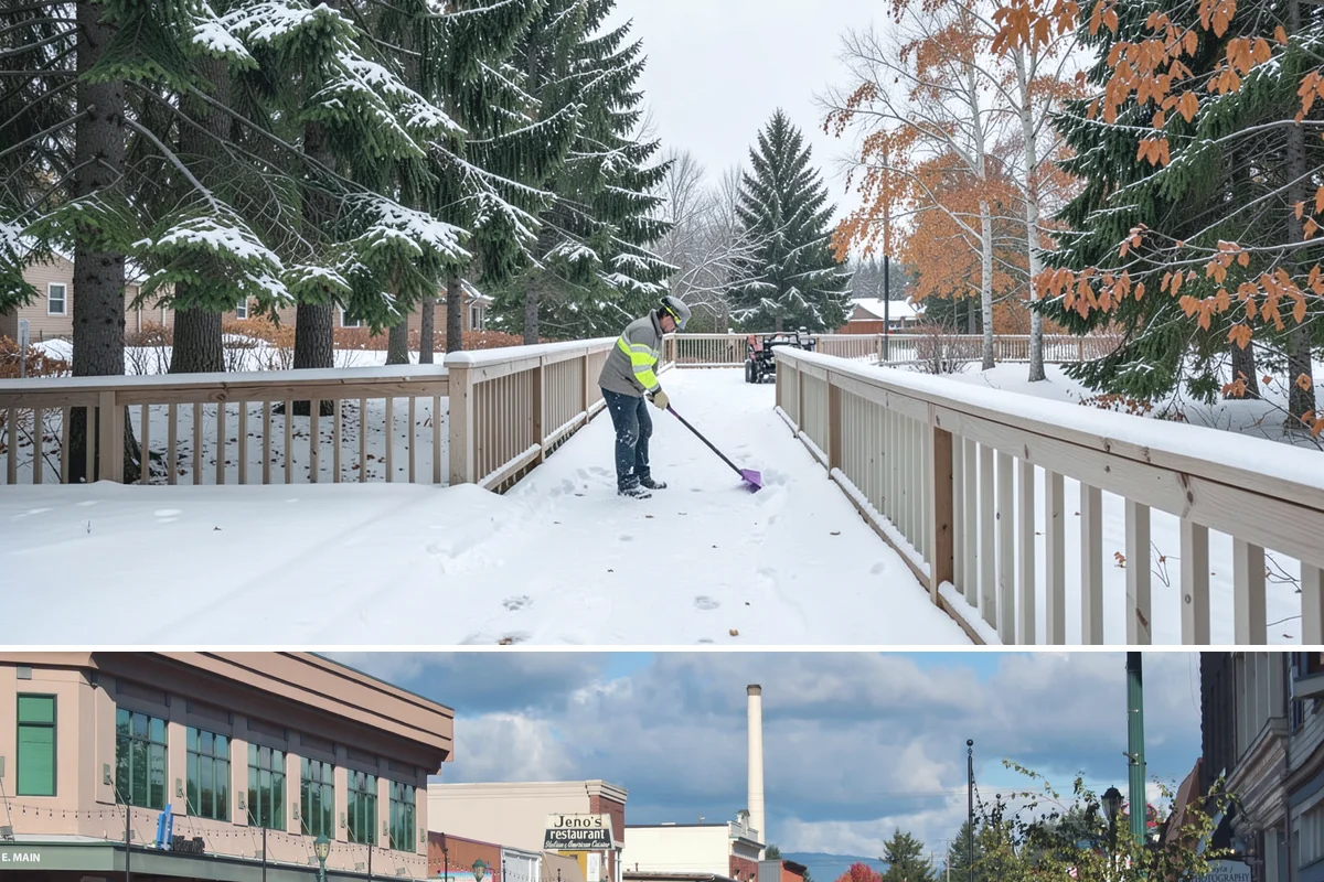 Municipal Sidewalk Clearing in Monroe, Snohomish County, WA - Municipal demand spans late November through February, with shaded downtown blocks and transit stops needing repeated freeze-thaw...