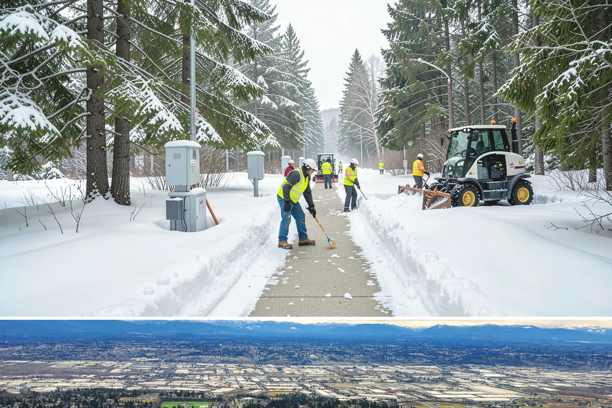 Municipal Sidewalk Clearing in SeaTac, King County, WA - Municipal demand spans late November through February, with shaded downtown blocks and transit stops needing repeated freeze-thaw...