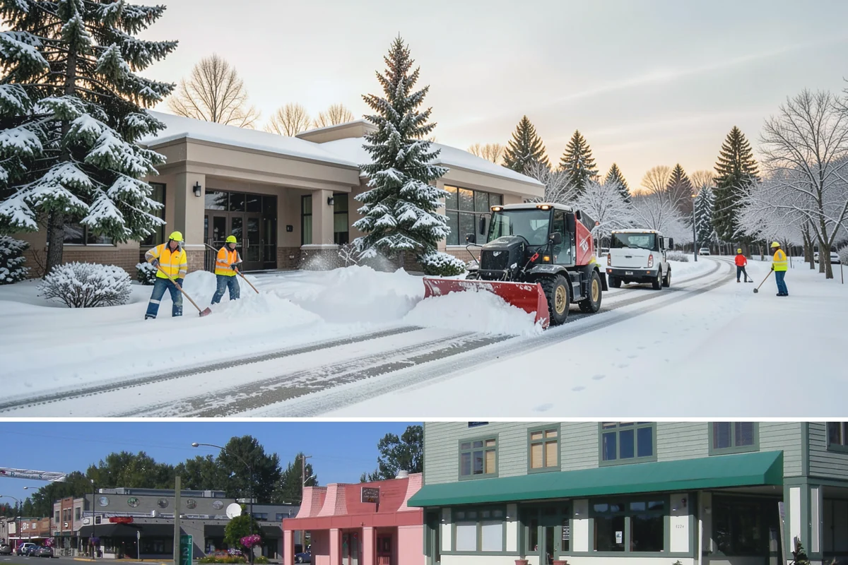 Municipal Sidewalk Clearing in Snoqualmie, King County, WA - Municipal demand spans late November through February, with shaded downtown blocks and transit stops needing repeated freeze-thaw...