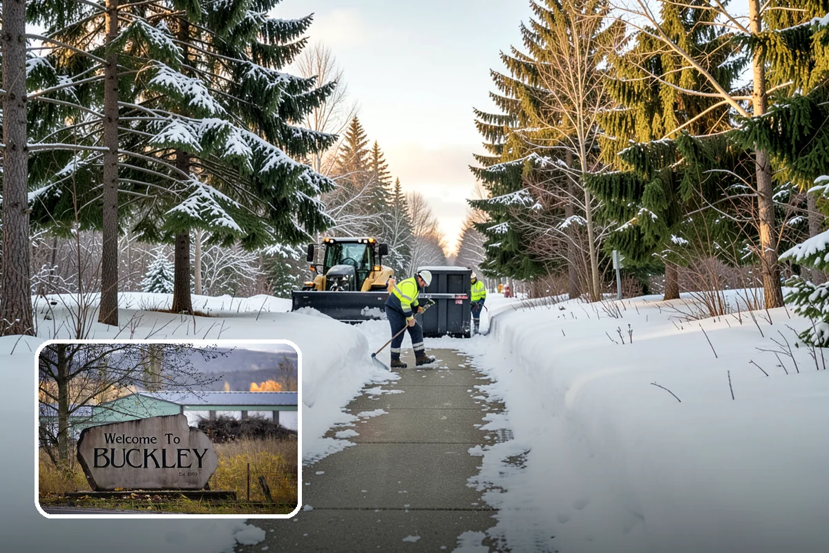 Municipal Snow Plowing in Buckley, Pierce County, WA - Multiple civic sites cleared on a coordinated route