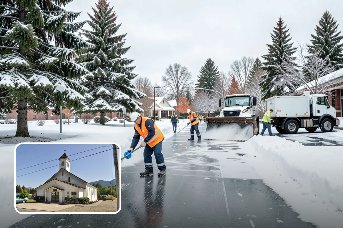 Municipal Snow Plowing in Concrete, Skagit County, WA - Multiple civic sites cleared on a coordinated route