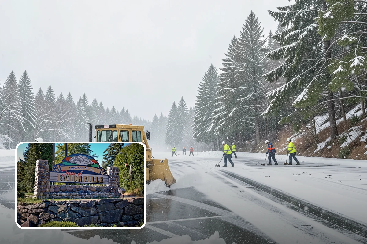 Municipal Snow Plowing in Eatonville, Pierce County, WA - Multiple civic sites cleared on a coordinated route