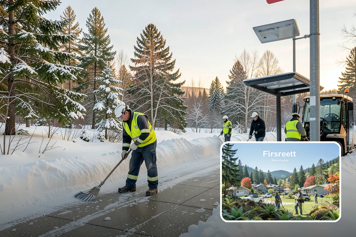 Municipal Snow Plowing in Fircrest, Pierce County, WA - Multiple civic sites cleared on a coordinated route