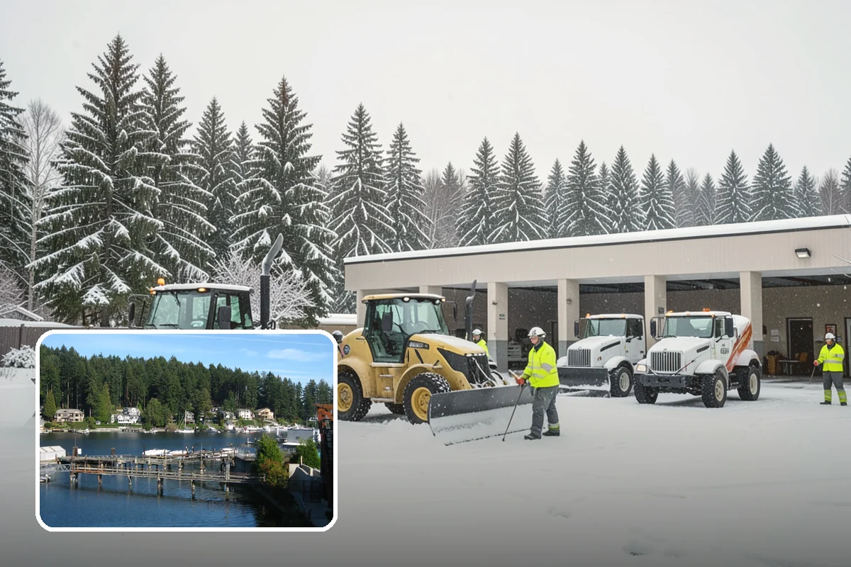 Municipal Snow Plowing in Gig Harbor, Pierce County, WA - Multiple civic sites cleared on a coordinated route