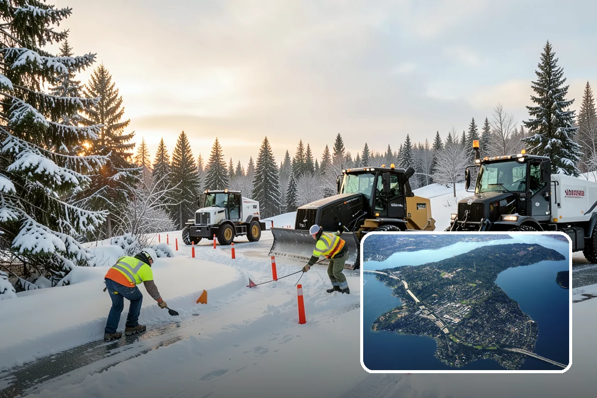 Municipal Snow Plowing in Mercer Island, King County, WA - Multiple civic sites cleared on a coordinated route
