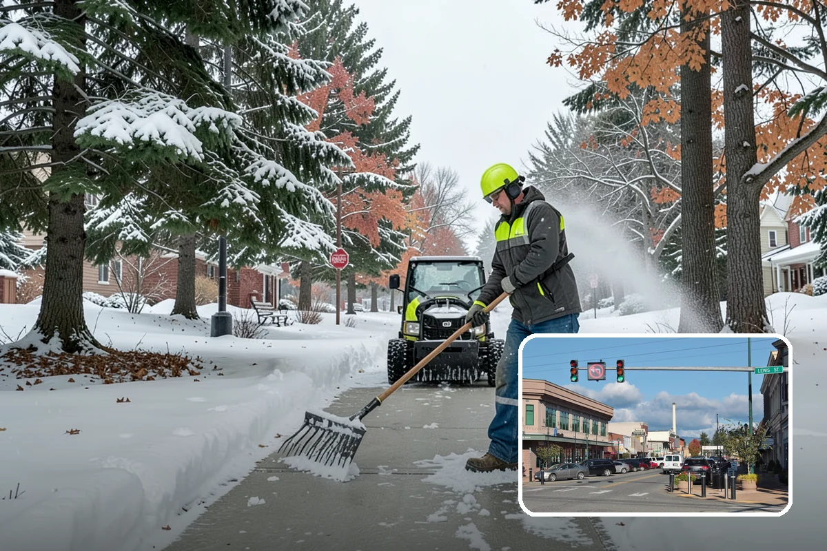 Municipal Snow Plowing in Monroe, Snohomish County, WA - Multiple civic sites cleared on a coordinated route