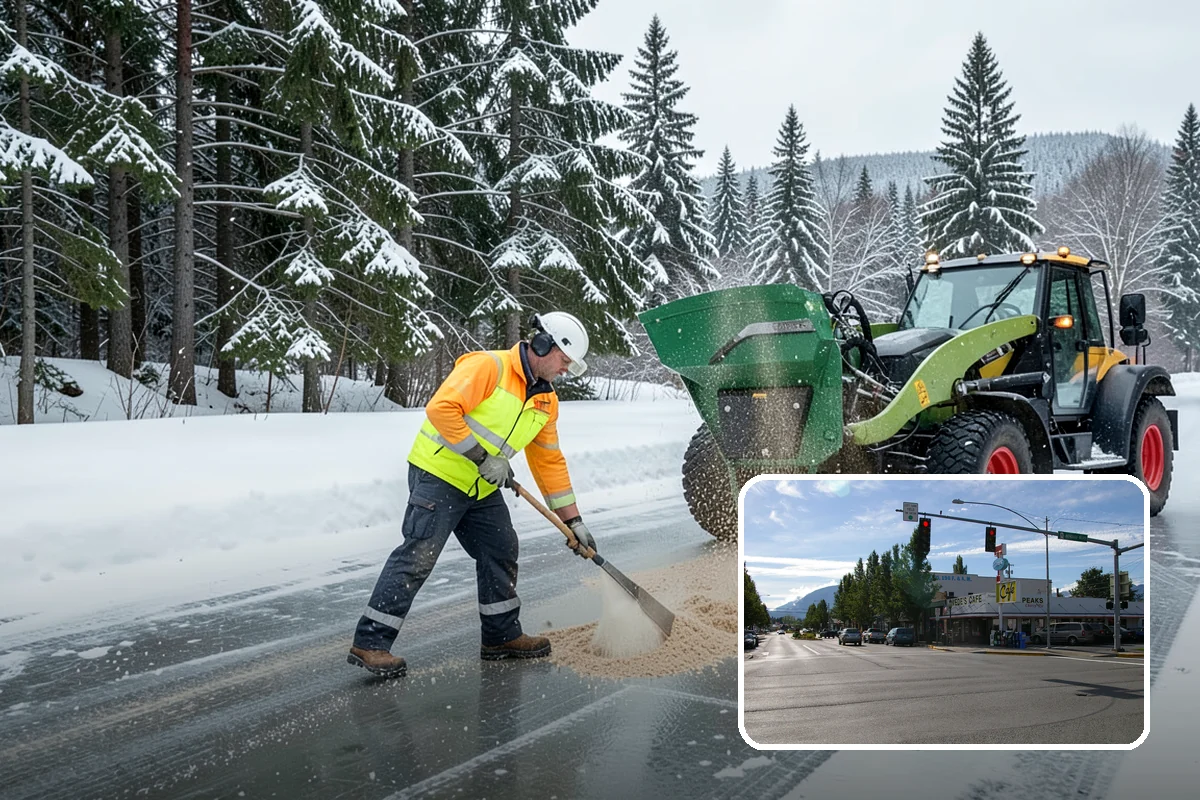 Municipal Snow Plowing in North Bend, King County, WA - Multiple civic sites cleared on a coordinated route