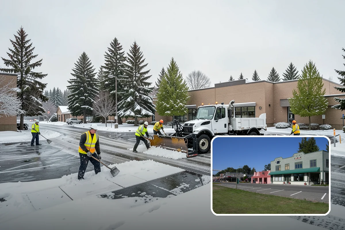 Municipal Snow Plowing in Snoqualmie, King County, WA - Multiple civic sites cleared on a coordinated route