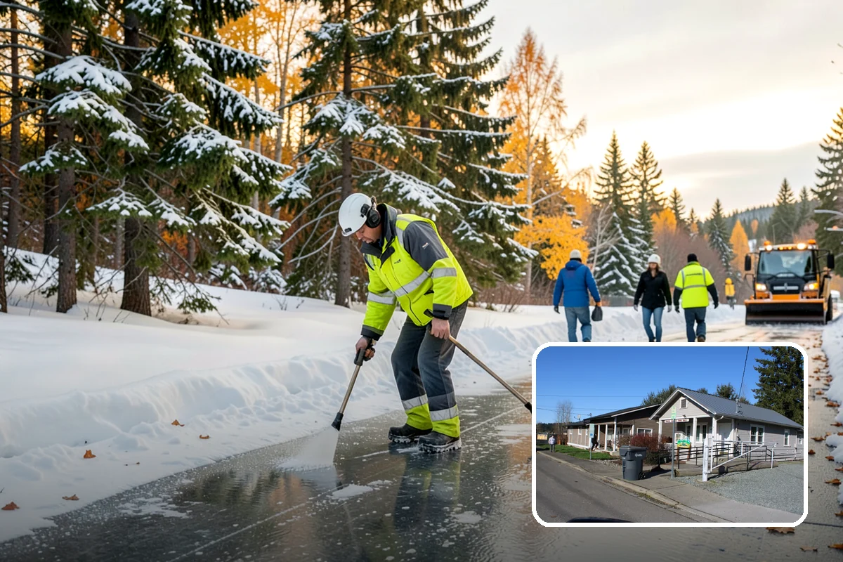 Municipal Snow Plowing in South Prairie, Pierce County, WA - Multiple civic sites cleared on a coordinated route