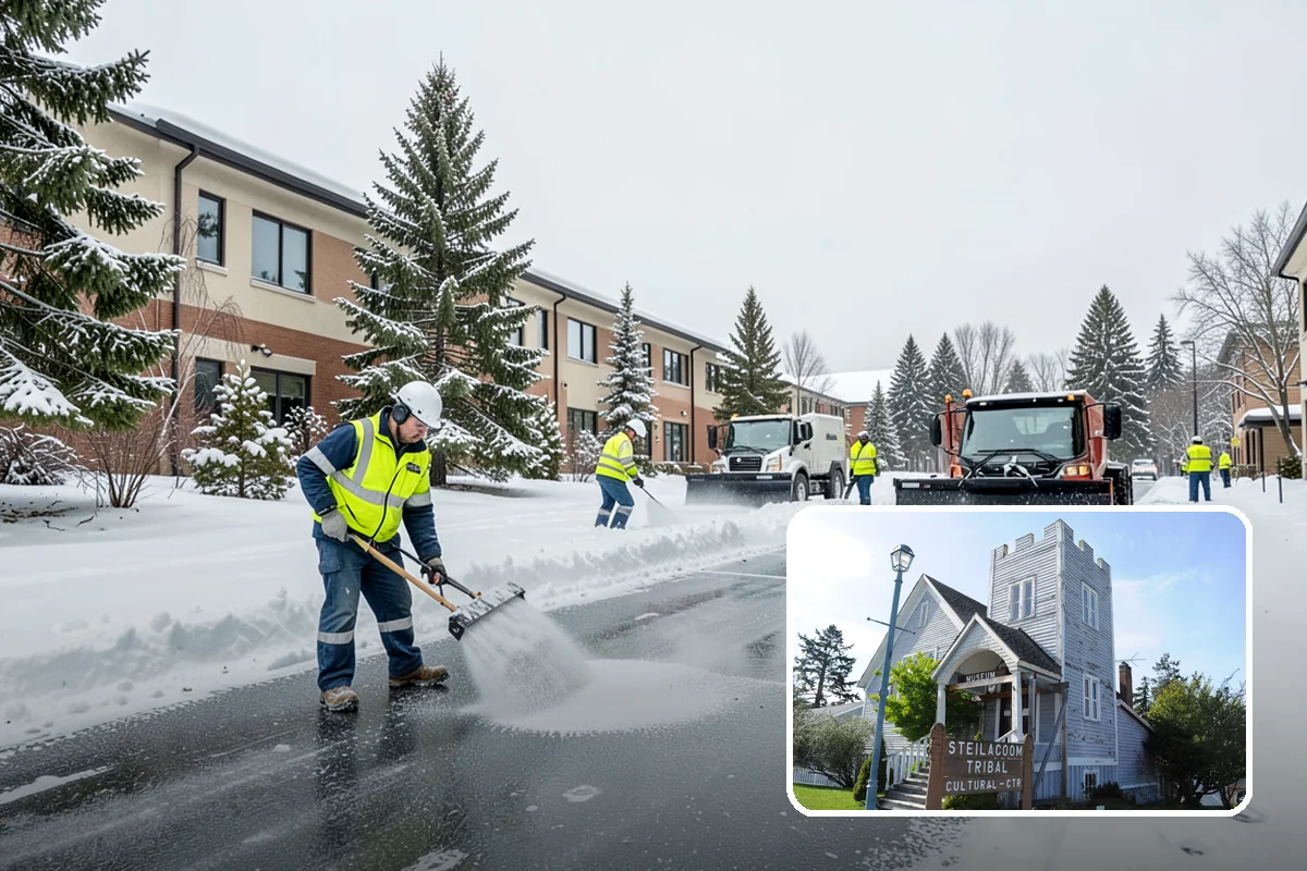 Municipal Snow Plowing in Steilacoom, Pierce County, WA - Multiple civic sites cleared on a coordinated route
