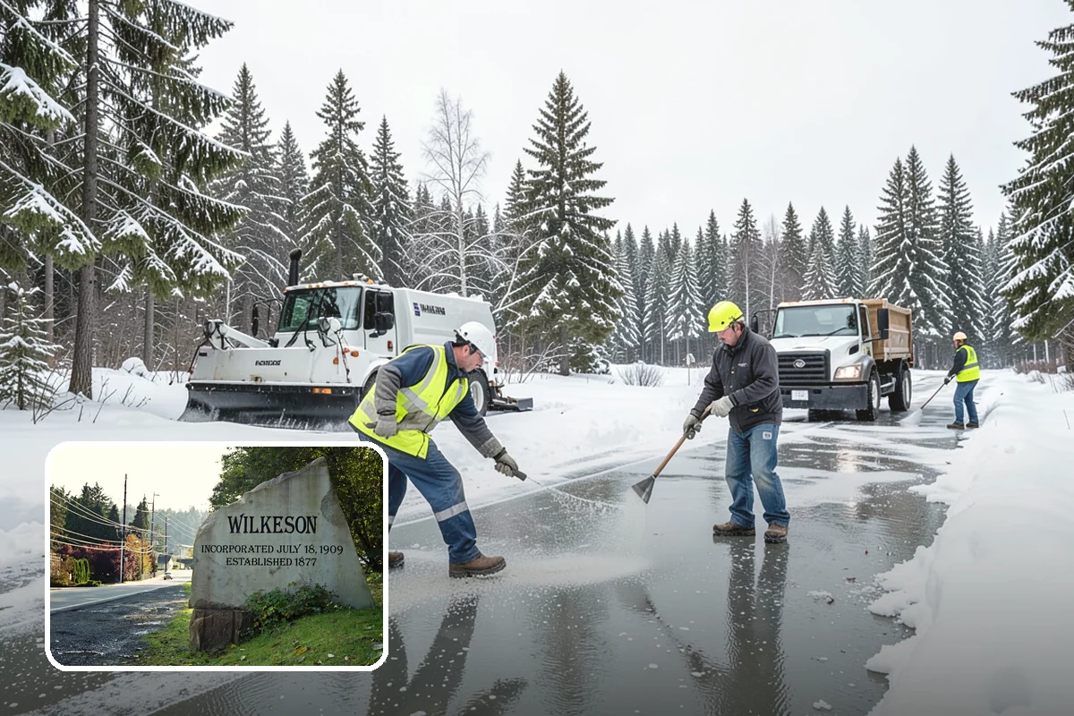 Municipal Snow Plowing in Wilkeson, Pierce County, WA - Multiple civic sites cleared on a coordinated route