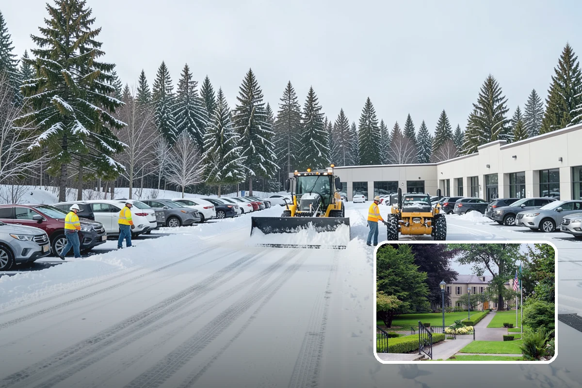 Municipal Snow Plowing in Woodinville, King County, WA - Multiple civic sites cleared on a coordinated route
