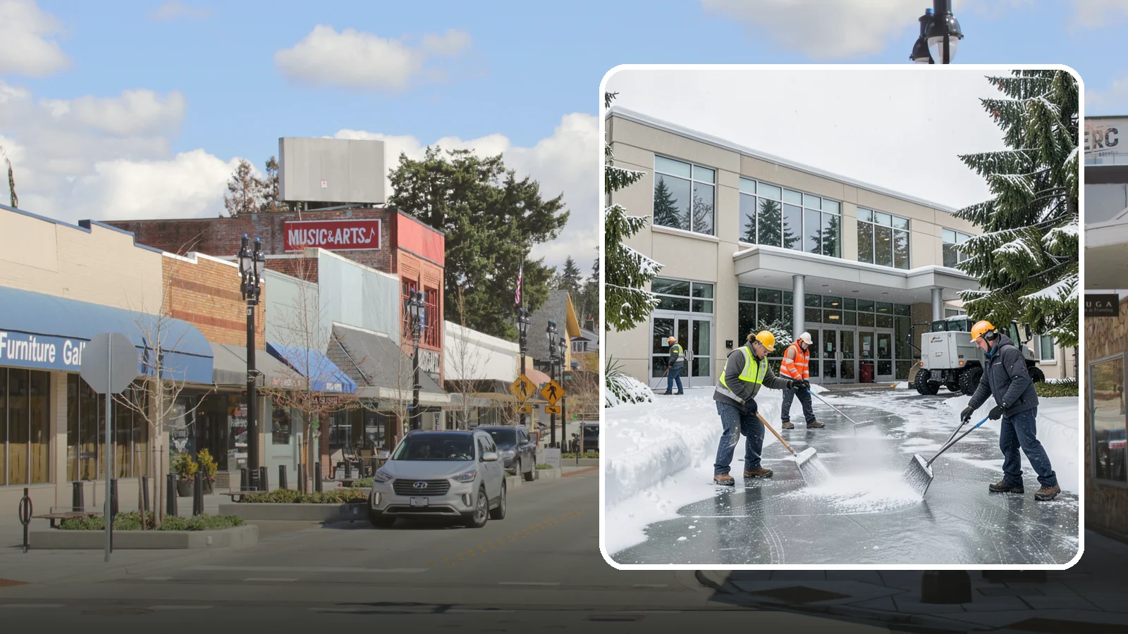 Office Building Deicing in Bothell, King County, WA - Deicing that keeps office-building entrances, plaza walks, and employee lots clear so staff and clients arrive safely on frozen...