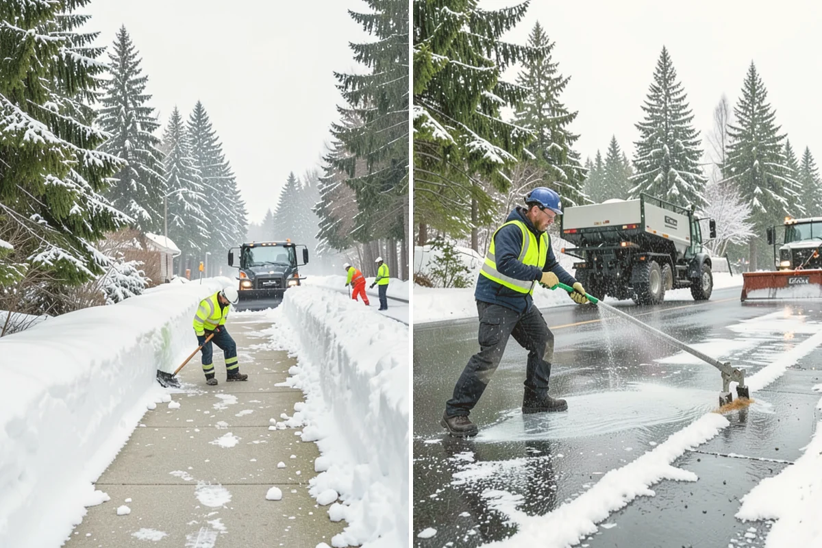 Office Building Deicing in Brier, Snohomish County, WA - Assess entrances, plaza walks, stairs, and parking with building management