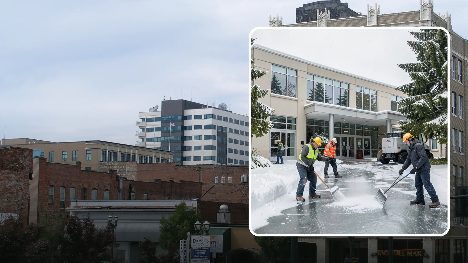 Office Building Deicing in Everett, Snohomish County, WA - Deicing that keeps office-building entrances, plaza walks, and employee lots clear so staff and clients arrive safely on frozen...