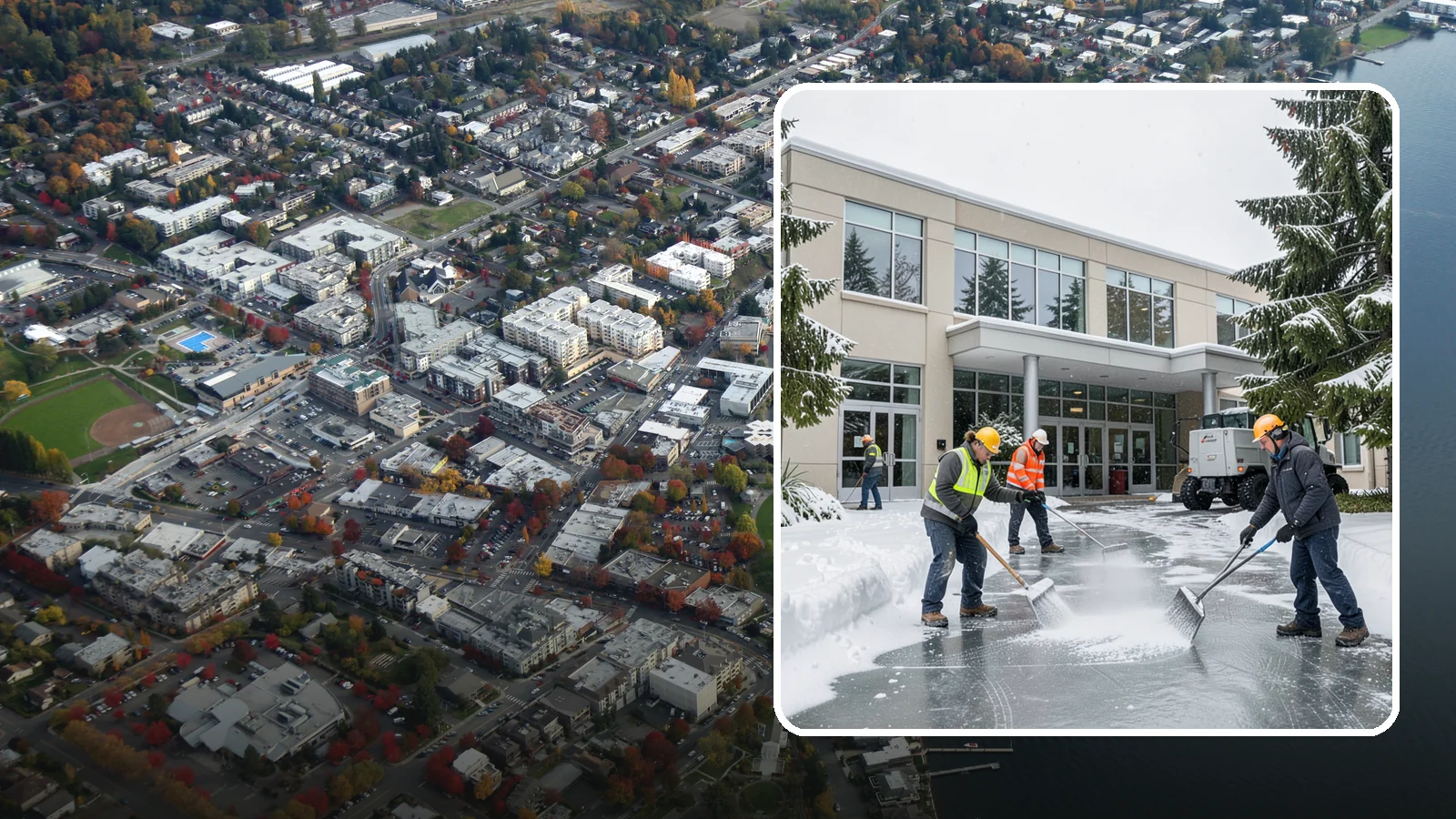 Office Building Deicing in Kirkland, King County, WA - Deicing that keeps office-building entrances, plaza walks, and employee lots clear so staff and clients arrive safely on frozen...