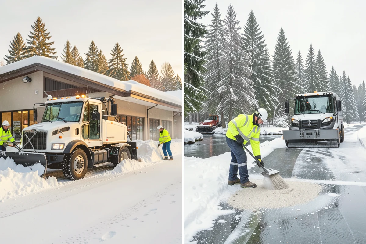 Office Building Deicing in Kirkland, King County, WA - Assess entrances, plaza walks, stairs, and parking with building management