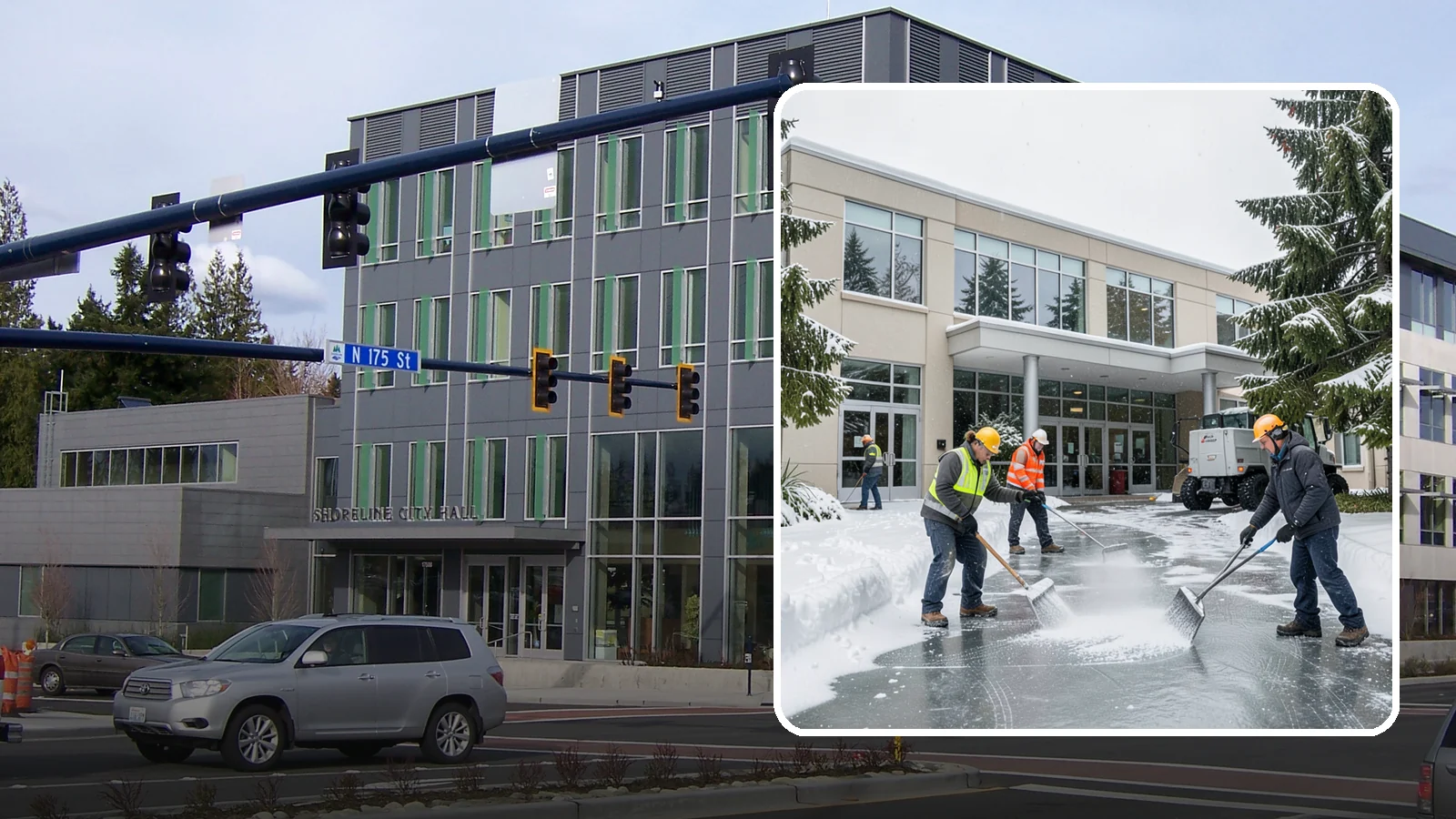 Office Building Deicing in Shoreline, King County, WA - Deicing that keeps office-building entrances, plaza walks, and employee lots clear so staff and clients arrive safely on frozen...