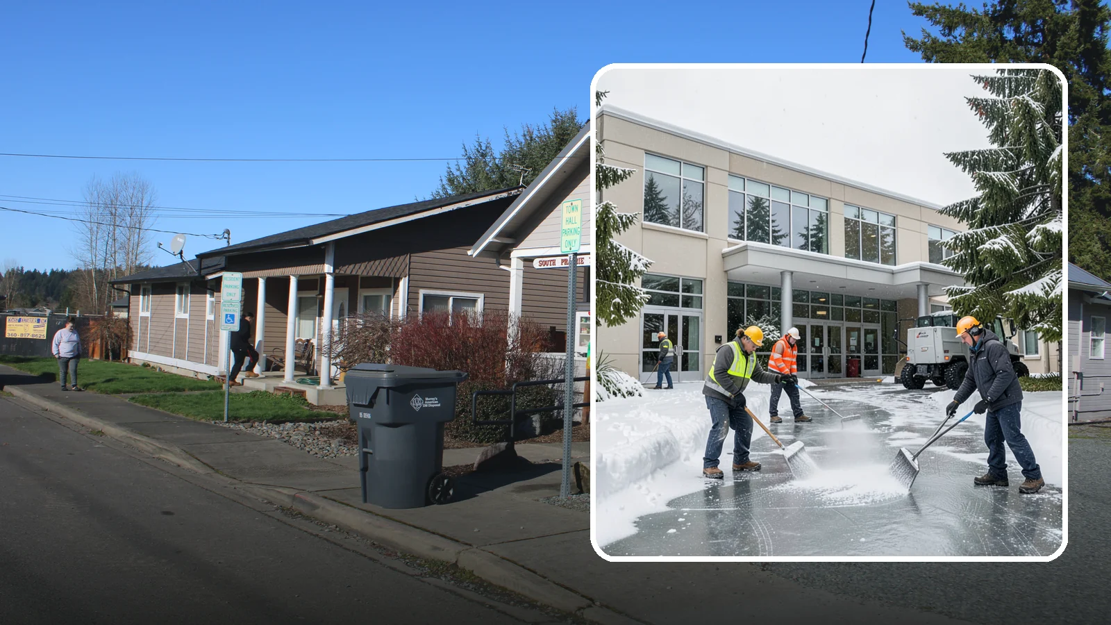 Office Building Deicing in South Prairie, Pierce County, WA - Deicing that keeps office-building entrances, plaza walks, and employee lots clear so staff and clients arrive safely on frozen...