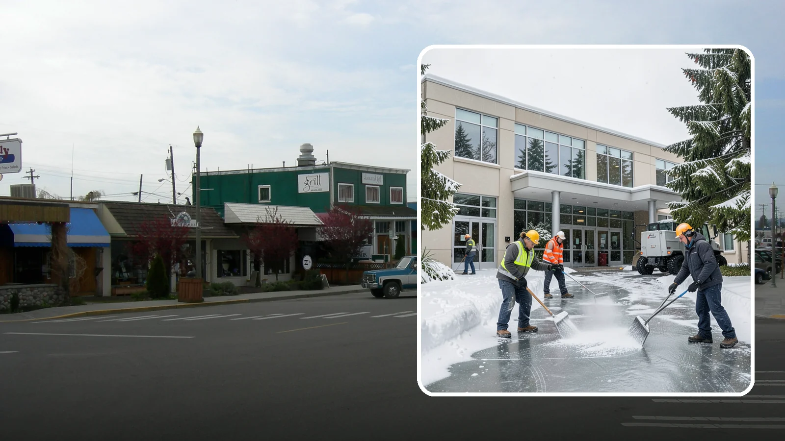 Office Building Deicing in Stanwood, Snohomish County, WA - Deicing that keeps office-building entrances, plaza walks, and employee lots clear so staff and clients arrive safely on frozen...