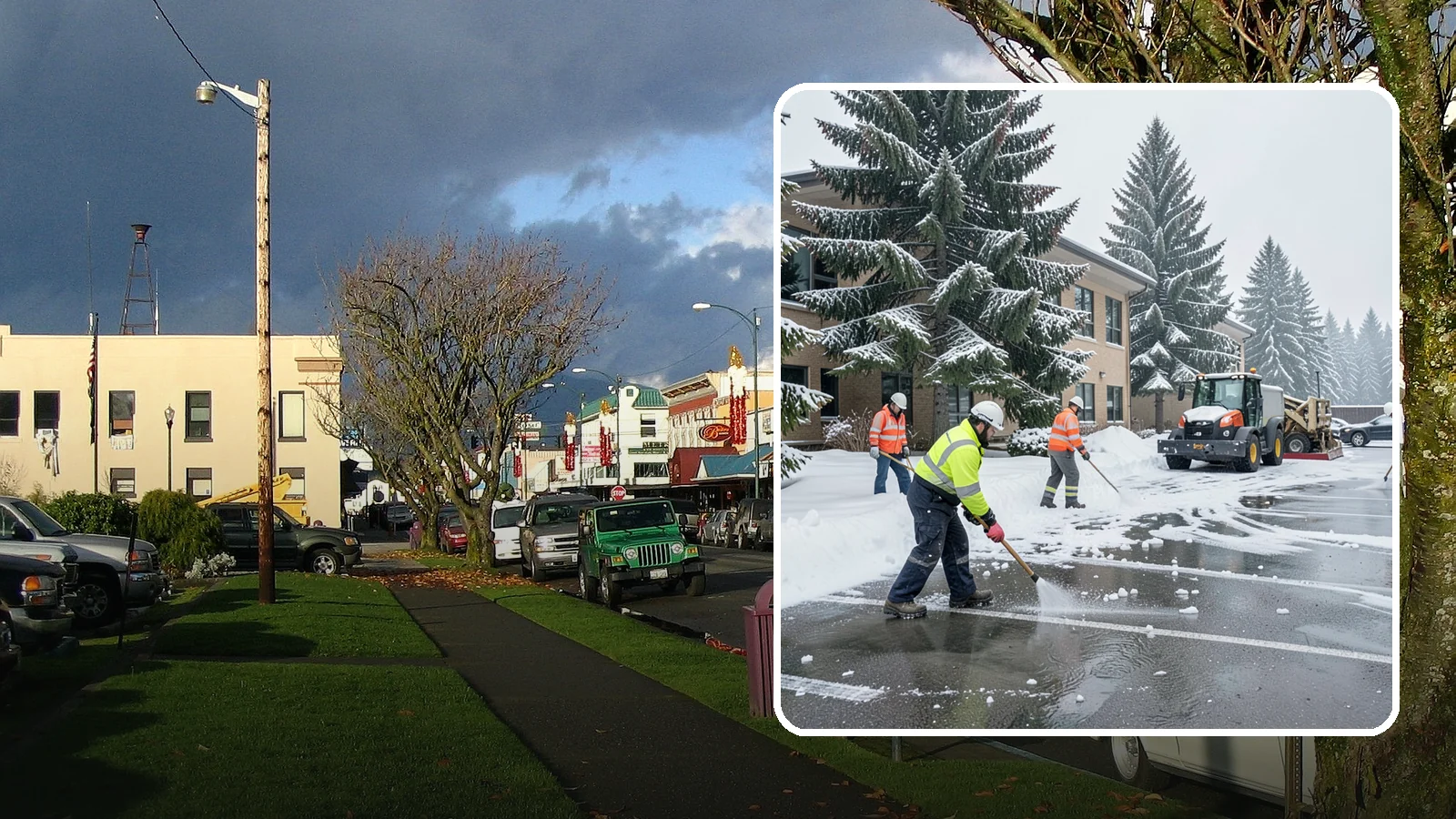 Office Building Parking Lot Snow Removal in Arlington, Snohomish County, WA - We clear office building lots before employees and clients arrive for the Western Washington workday.