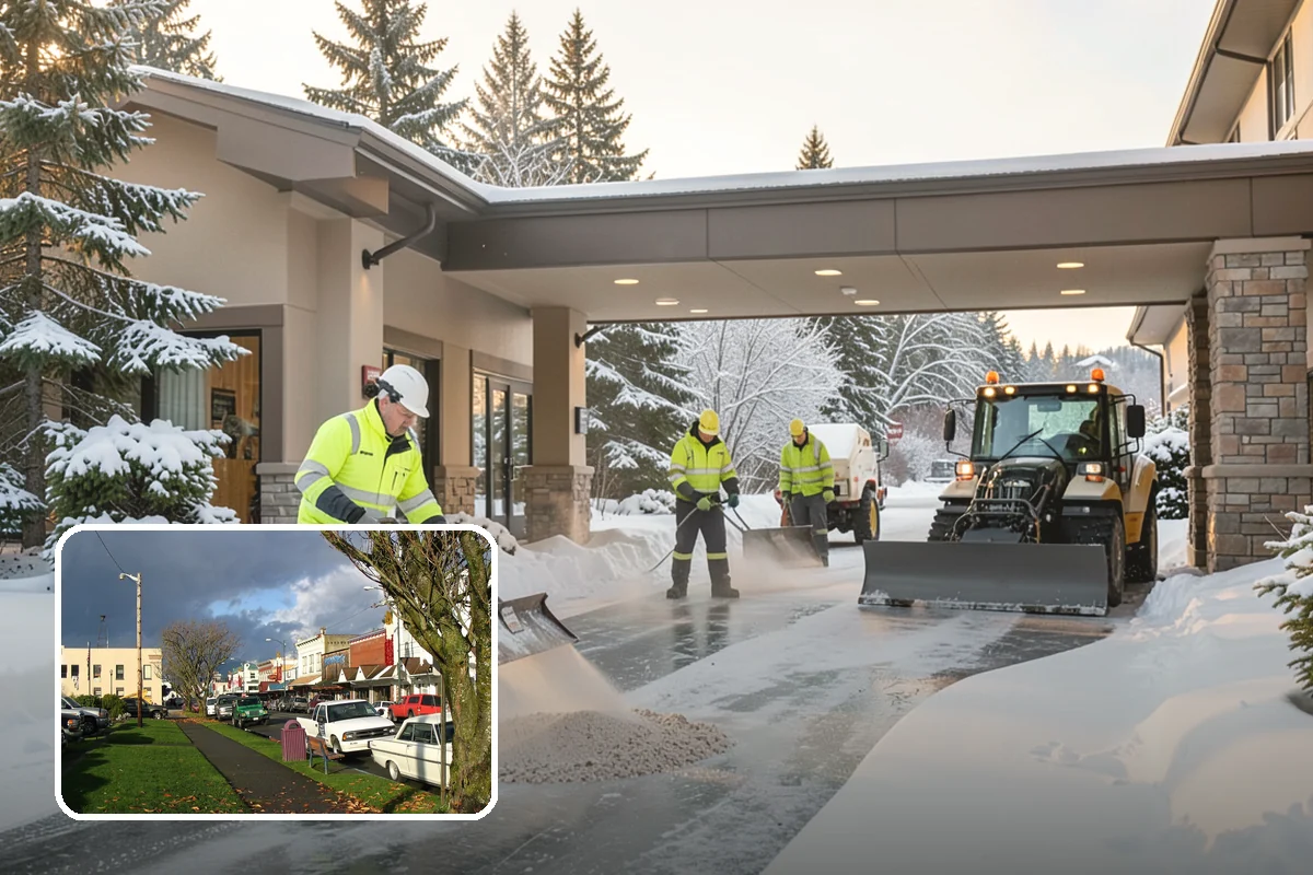 Office Building Parking Lot Snow Removal in Arlington, Snohomish County, WA - Employees and clients arrive to a cleared, deiced lot at the start of business