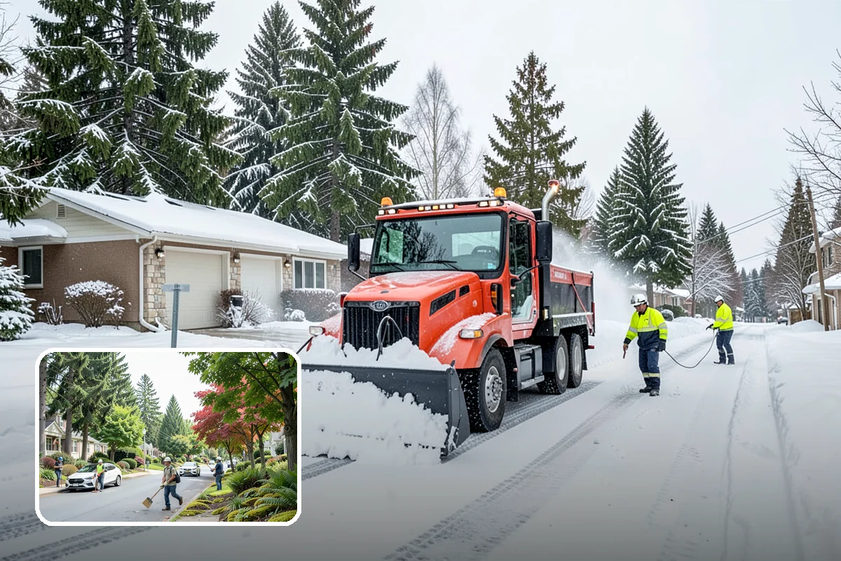 Office Building Parking Lot Snow Removal in Beaux Arts Village, King County, WA - Employees and clients arrive to a cleared, deiced lot at the start of business