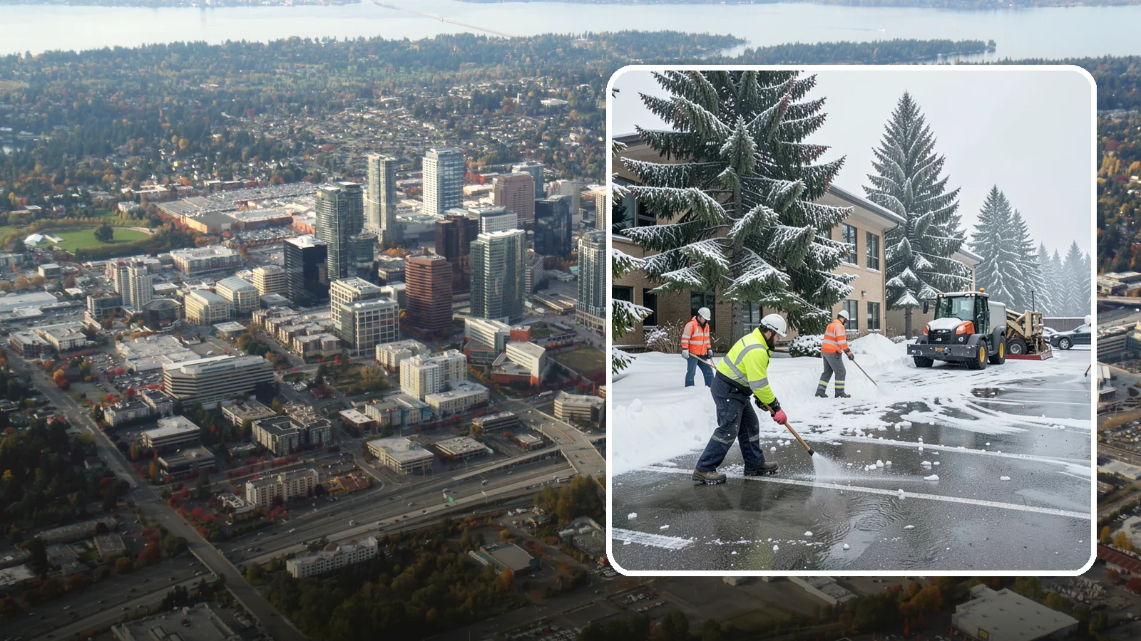 Office Building Parking Lot Snow Removal in Bellevue, King County, WA - We clear office building lots before employees and clients arrive for the Western Washington workday.