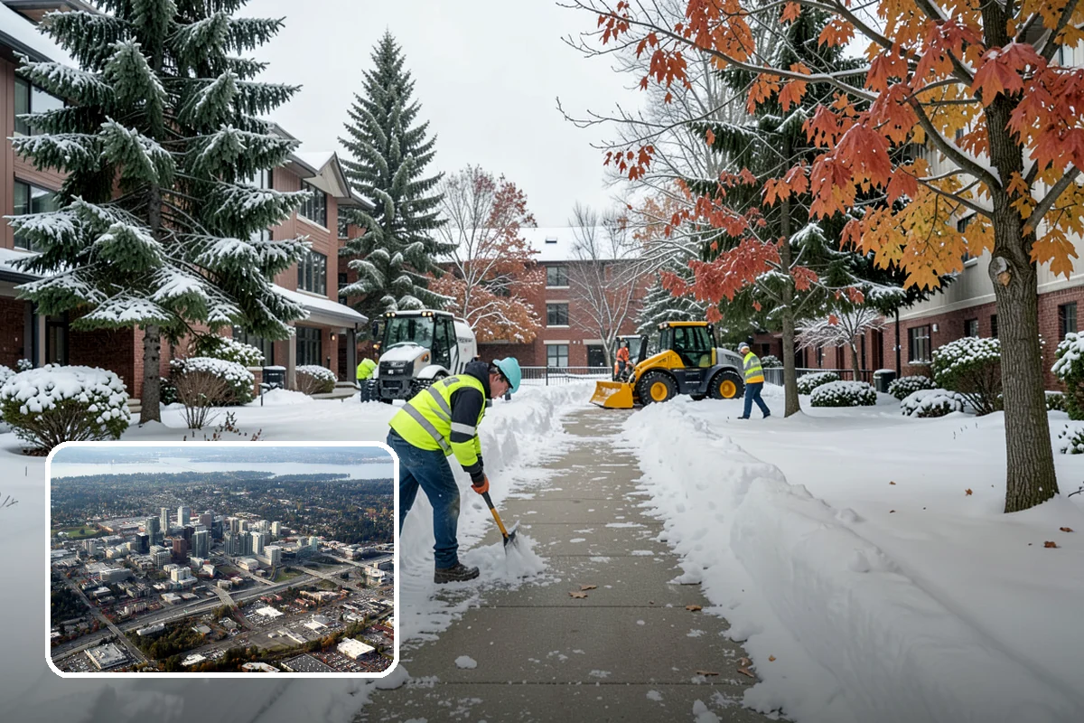 Office Building Parking Lot Snow Removal in Bellevue, King County, WA - Employees and clients arrive to a cleared, deiced lot at the start of business