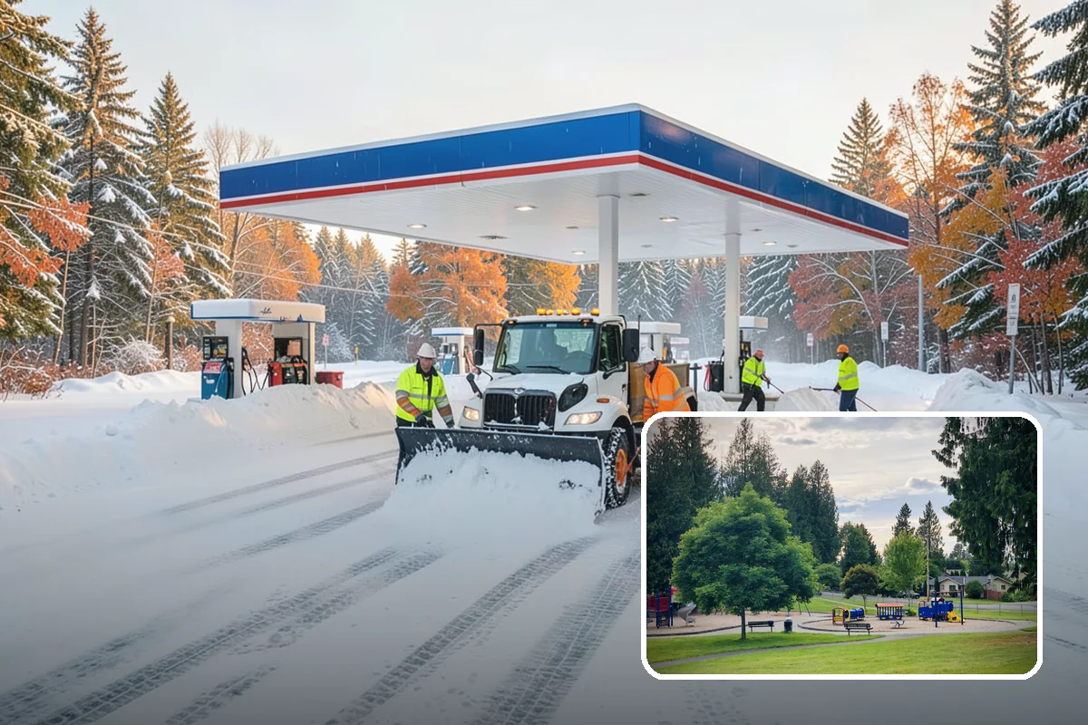 Office Building Parking Lot Snow Removal in Bonney Lake, Pierce County, WA - Employees and clients arrive to a cleared, deiced lot at the start of business