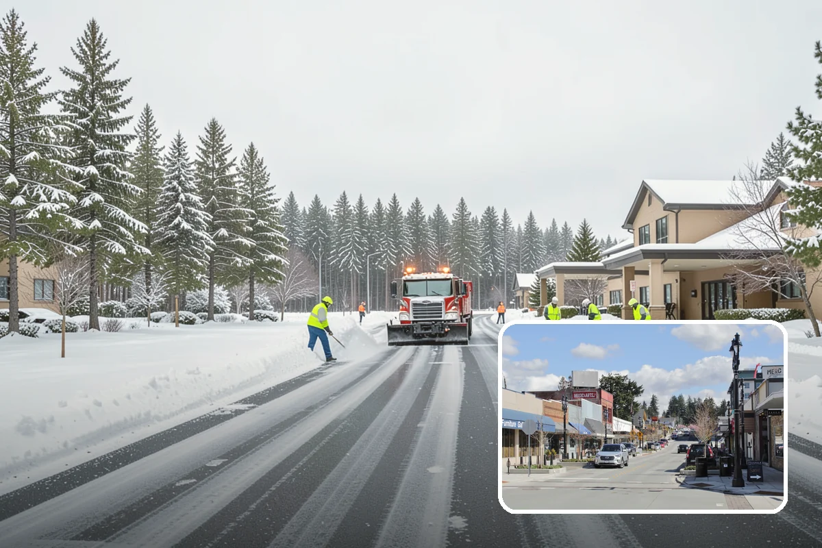 Office Building Parking Lot Snow Removal in Bothell, King County, WA - Employees and clients arrive to a cleared, deiced lot at the start of business
