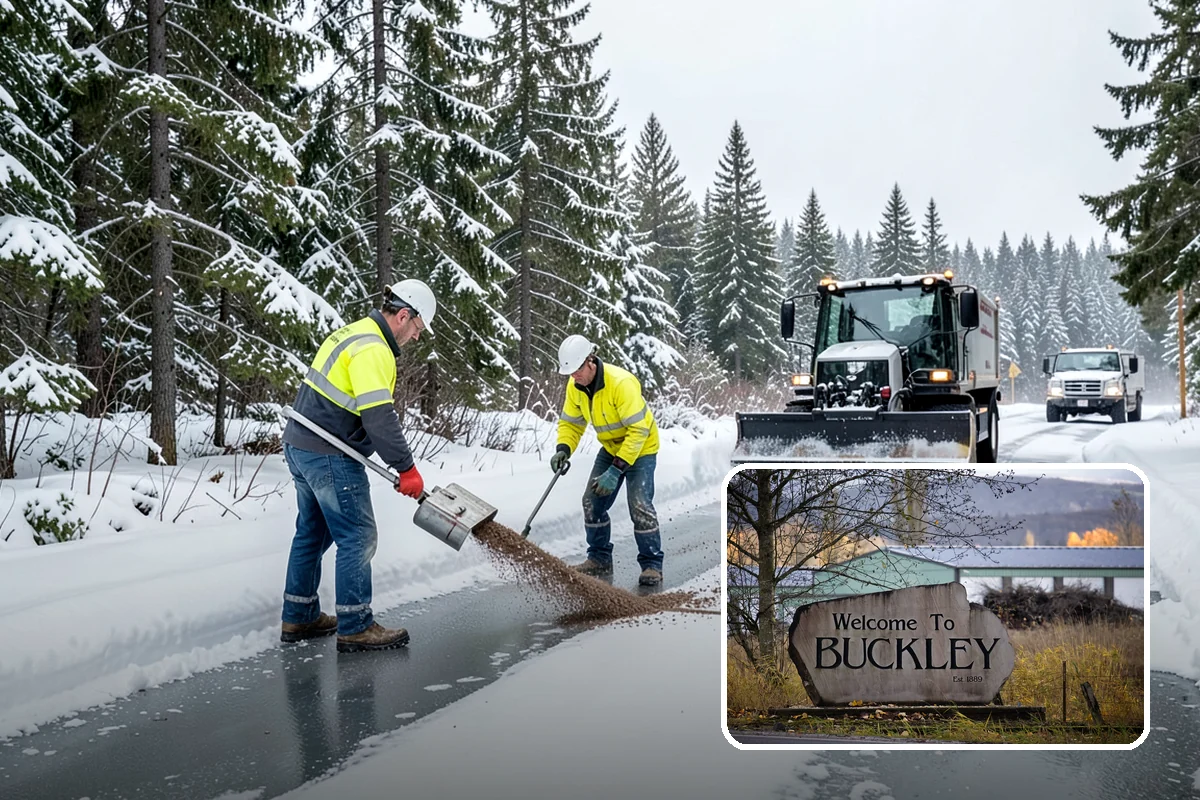 Office Building Parking Lot Snow Removal in Buckley, Pierce County, WA - Employees and clients arrive to a cleared, deiced lot at the start of business