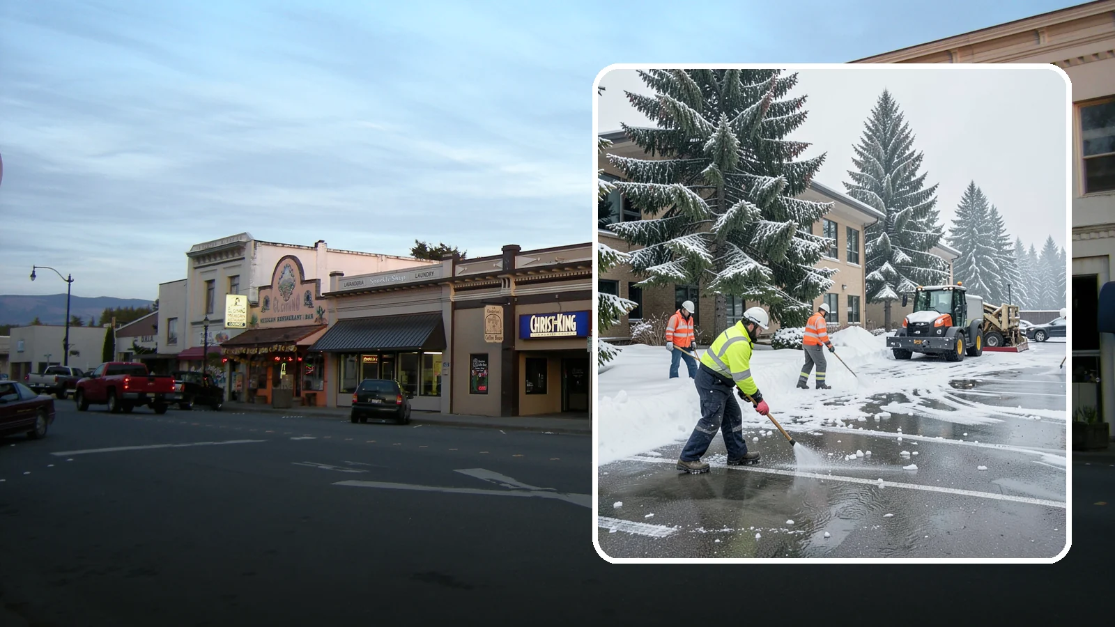 Office Building Parking Lot Snow Removal in Burlington, Skagit County, WA - We clear office building lots before employees and clients arrive for the Western Washington workday.